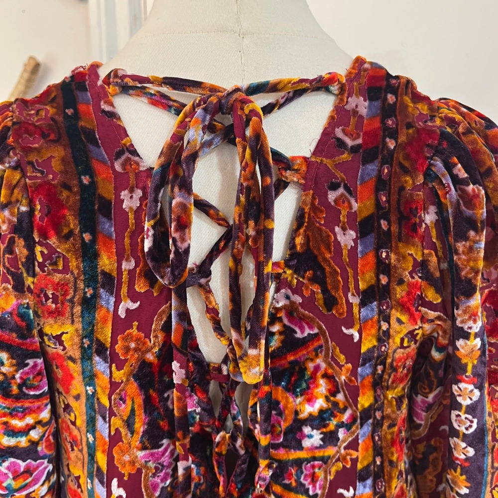 Anthropologie Red Burnout Velvet Paisley Lace Up Mini Dress Dark Academia 0 - Picture 10 of 13